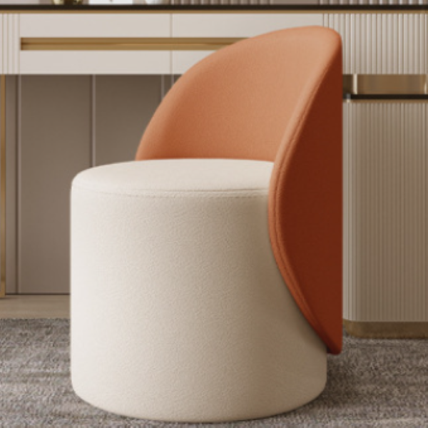 Contemporary Nordic Leather & Rubberwood Cylindrical Vanity Stool With Backrest & Swivel Function For Bedroom