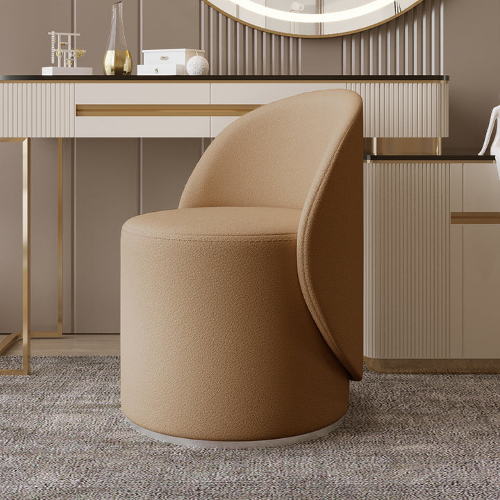 Contemporary Nordic Faux Leather &amp; Rubberwood Cylindrical Vanity Stool With Backrest &amp; Swivel Function For Bedroom