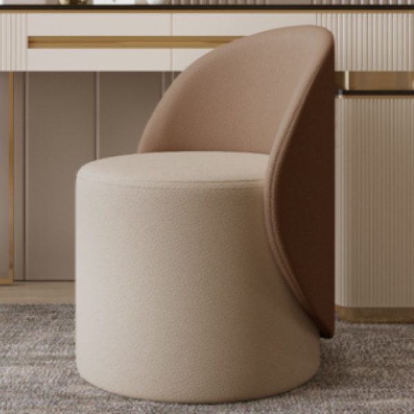 Contemporary Nordic Faux Leather &amp; Rubberwood Cylindrical Vanity Stool With Backrest &amp; Swivel Function For Bedroom