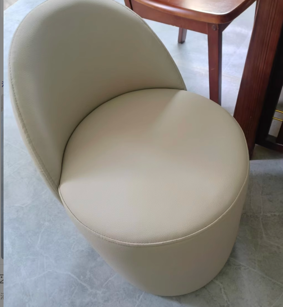 Contemporary Nordic Faux Leather &amp; Rubberwood Cylindrical Vanity Stool With Backrest &amp; Swivel Function For Bedroom