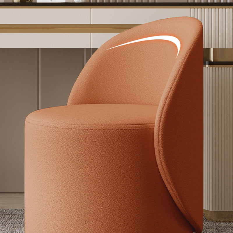 Contemporary Nordic Leather & Rubberwood Cylindrical Vanity Stool With Backrest & Swivel Function For Bedroom