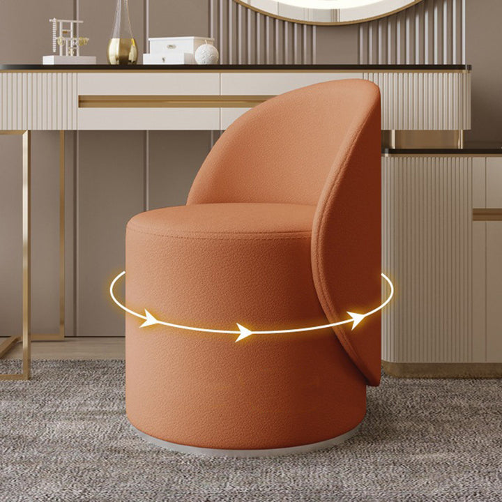 Contemporary Nordic Faux Leather &amp; Rubberwood Cylindrical Vanity Stool With Backrest &amp; Swivel Function For Bedroom