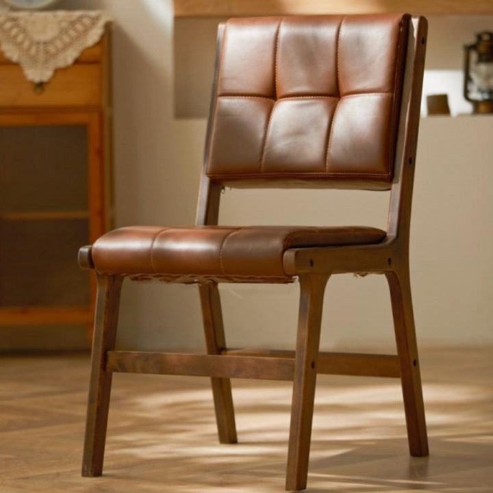 Chaise de salle à manger carrée traditionnelle en cuir PU vintage et bois avec dossier pour salle à manger 