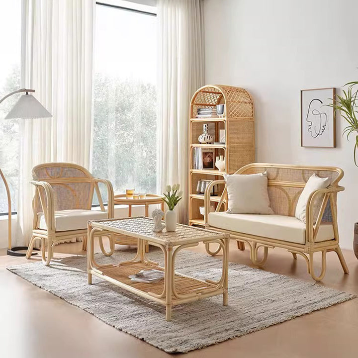 Canapé carré traditionnel japonais en bois massif et rotin avec accoudoirs et dossier pour salon 