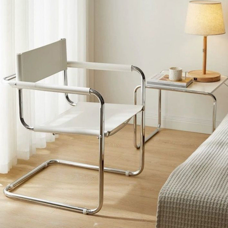 Modern Mid-Century Saddle Leather & Stainless Steel Square Dining Chair With Backrest And Armrest For Dining Room