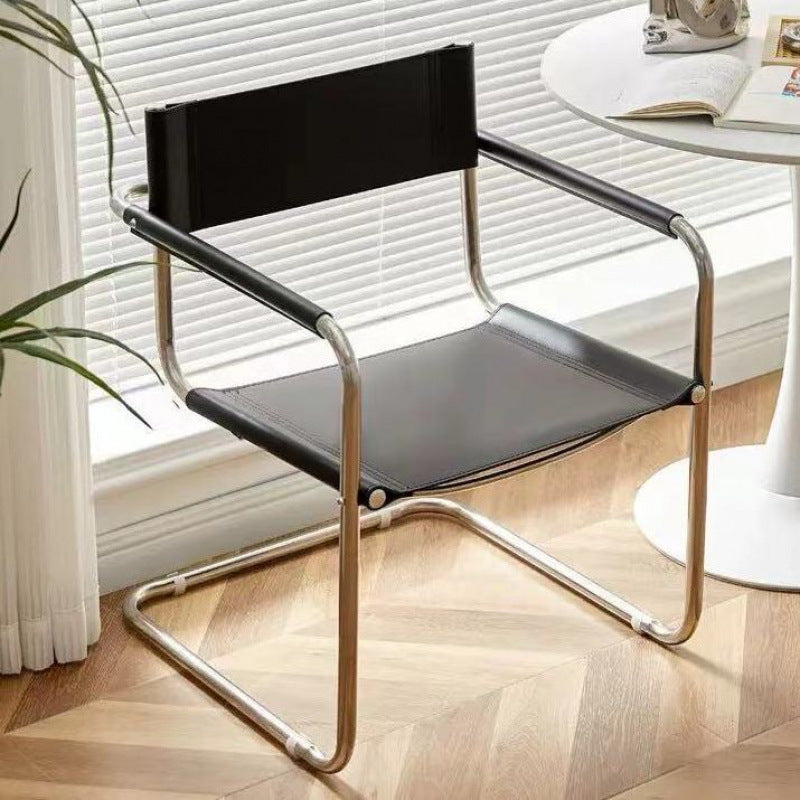 Modern Mid-Century Saddle Leather & Stainless Steel Square Dining Chair With Backrest And Armrest For Dining Room