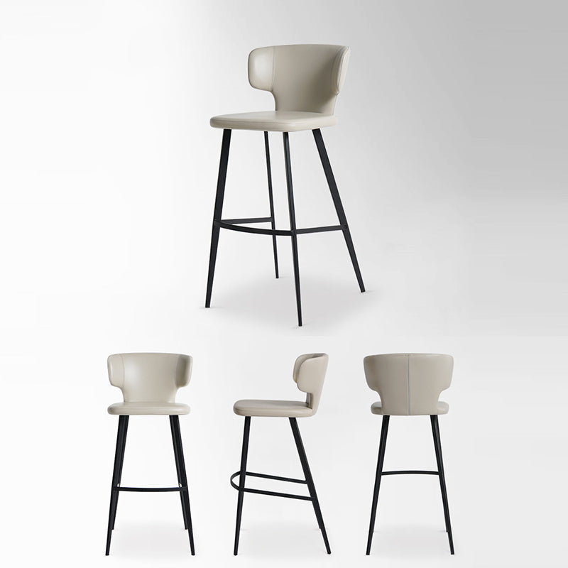 Modern Minimalist Leather & Carbon Steel Curved Back Bar Stool With Footrest For Dining Room
