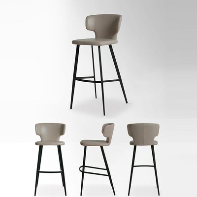 Modern Minimalist Leather & Carbon Steel Curved Back Bar Stool With Footrest For Dining Room