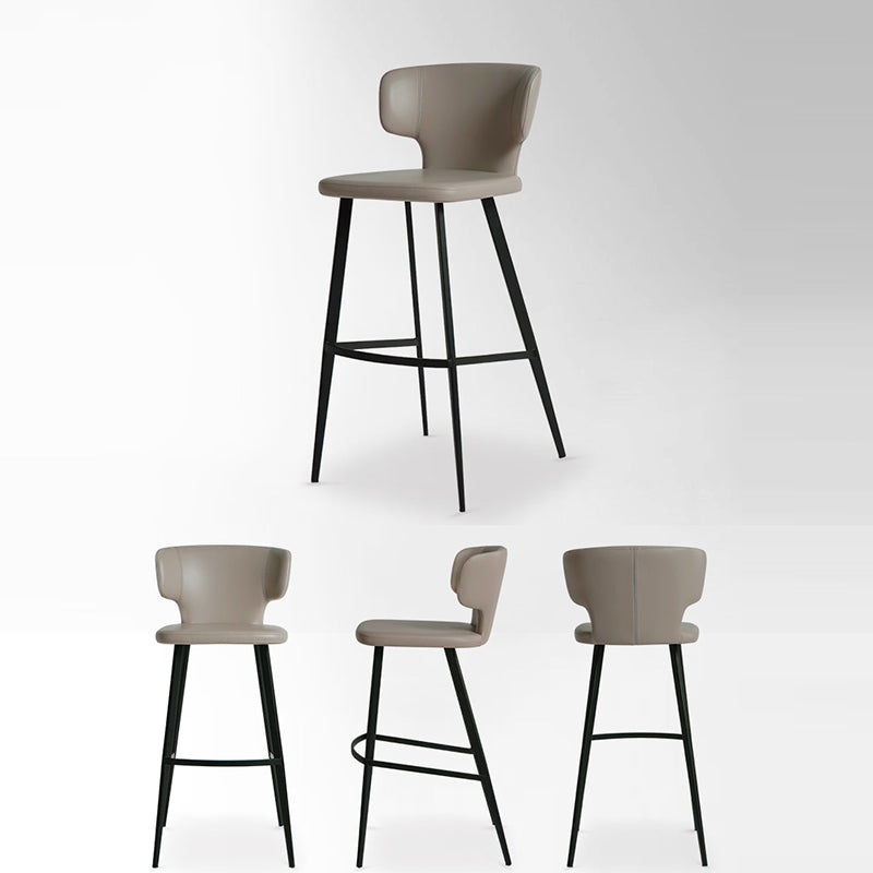 Modern Minimalist Leather & Carbon Steel Curved Back Bar Stool With Footrest For Dining Room