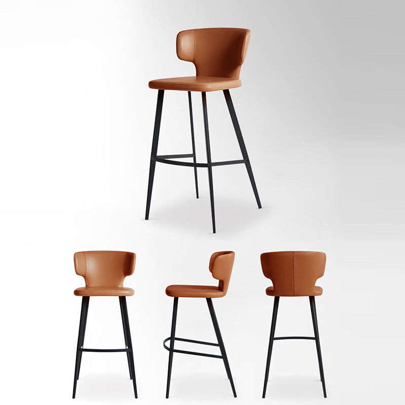 Modern Minimalist Leather & Carbon Steel Curved Back Bar Stool With Footrest For Dining Room