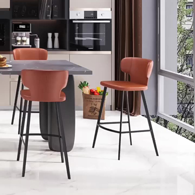 Modern Minimalist Leather & Carbon Steel Curved Back Bar Stool With Footrest For Dining Room