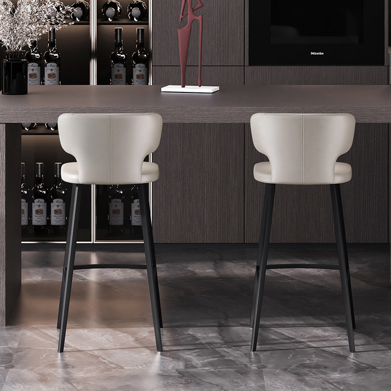 Modern Minimalist Leather & Carbon Steel Curved Back Bar Stool With Footrest For Dining Room