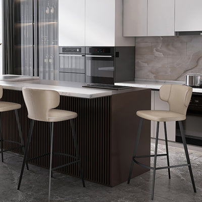Modern Minimalist Leather & Carbon Steel Curved Back Bar Stool With Footrest For Dining Room
