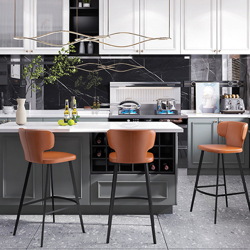 Modern Minimalist Leather & Carbon Steel Curved Back Bar Stool With Footrest For Dining Room