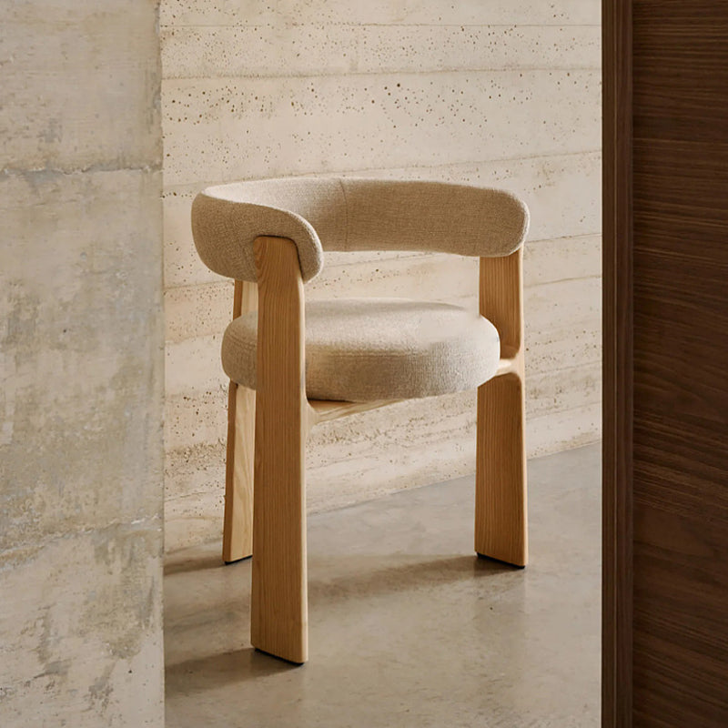 Contemporary Nordic Ash Wood Curved Back Accent Chair With Round Seat For Bedroom & Living Room
