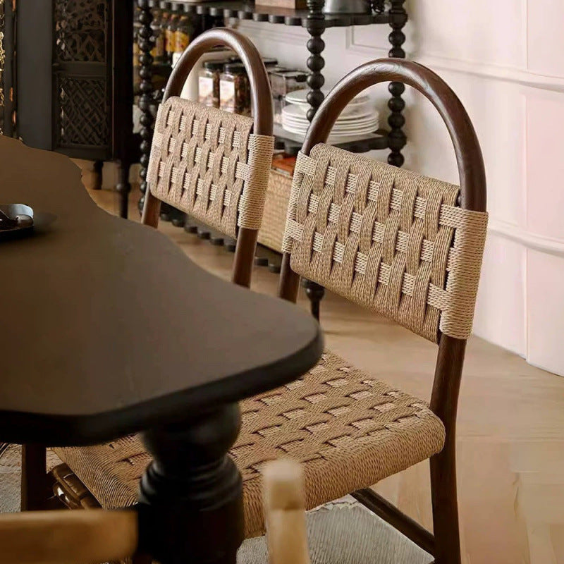 Silla de comedor cuadrada tradicional francesa de madera y cuerda con diseño tejido para comedor y sala de estar 