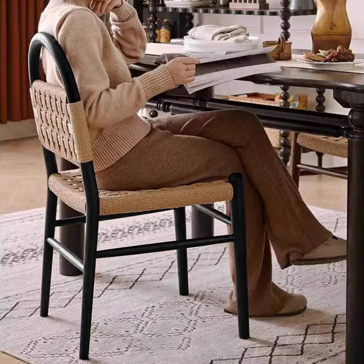 Silla de comedor cuadrada tradicional francesa de madera y cuerda con diseño tejido para comedor y sala de estar 