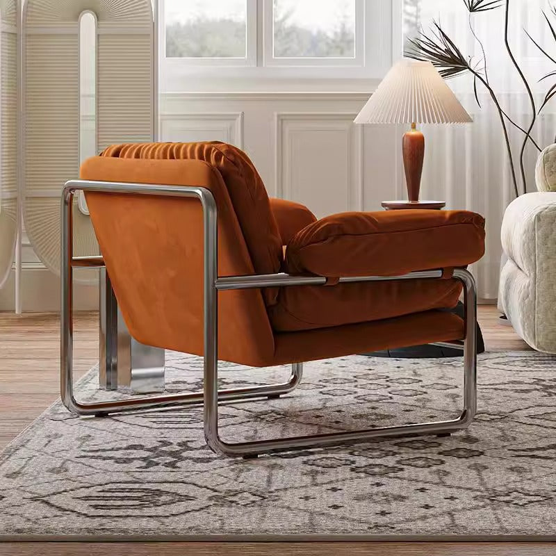 Contemporary Nordic Fabric & Stainless Steel Square Accent Chair With Ergonomic Comfort For Living Room & Bedroom