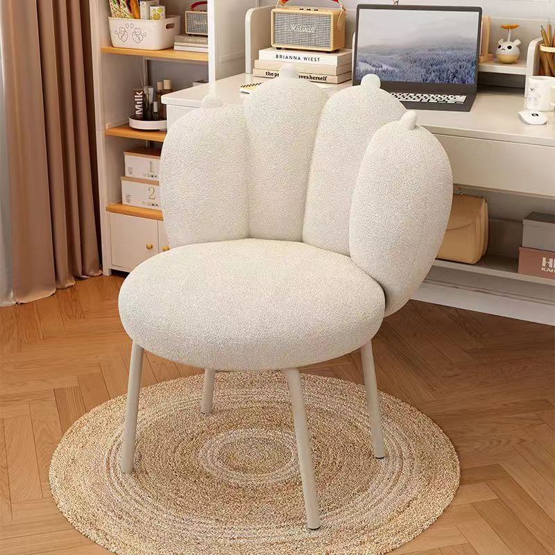 Contemporary Nordic Sherpa Fabric &amp; Carbon Steel Cat-Paw Back Round Seat Vanity Stool For Bedroom &amp; Living Room
