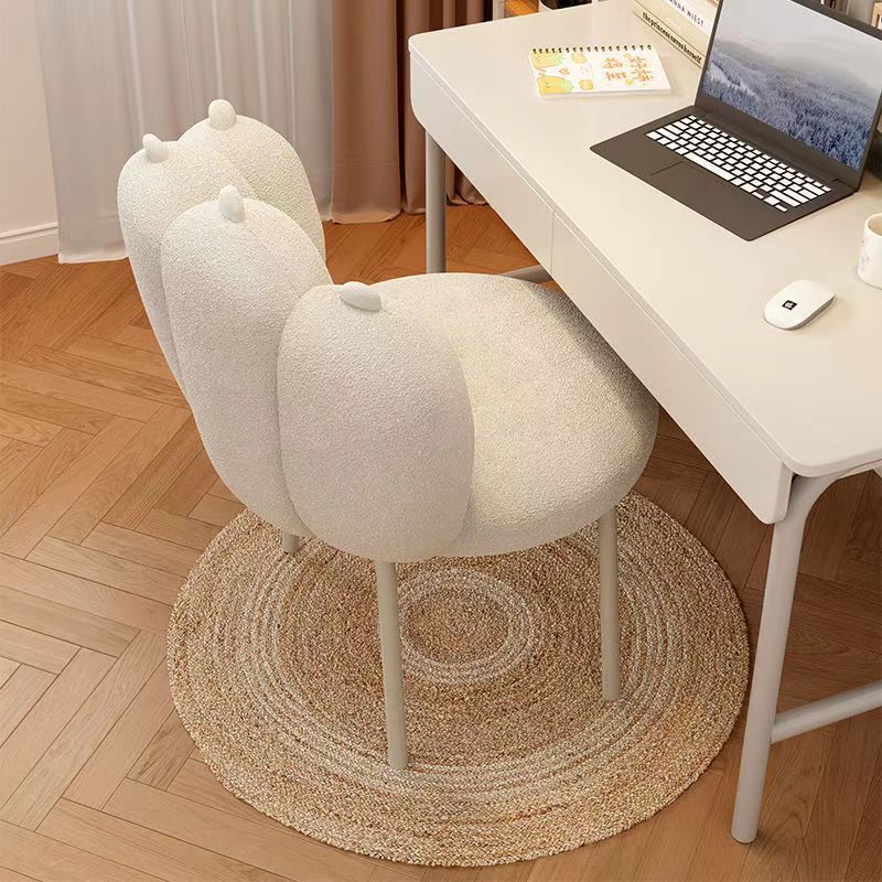 Contemporary Nordic Sherpa Fabric &amp; Carbon Steel Cat-Paw Back Round Seat Vanity Stool For Bedroom &amp; Living Room