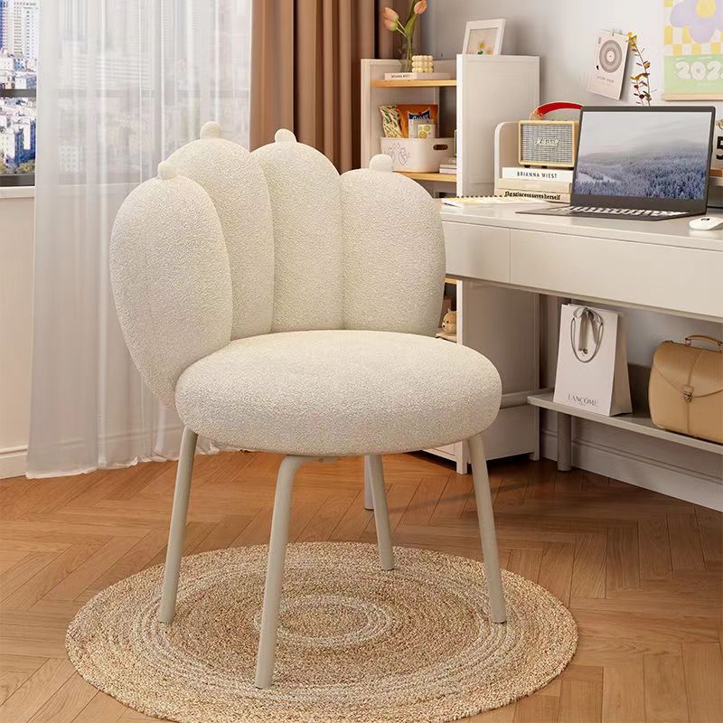 Contemporary Nordic Sherpa Fabric &amp; Carbon Steel Cat-Paw Back Round Seat Vanity Stool For Bedroom &amp; Living Room