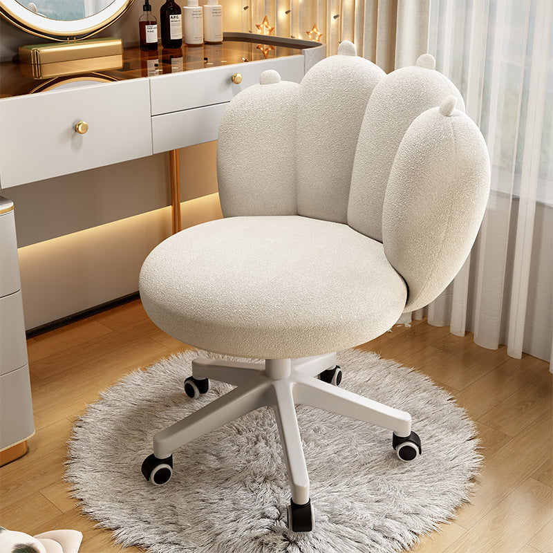 Contemporary Nordic Lambswool & Carbon Steel Cat-Paw Back Round Seat Vanity Stool With Swivel & Adjustable Height For Bedroom & Living Room