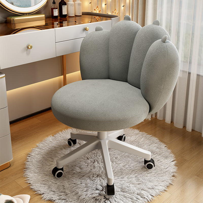 Contemporary Nordic Lambswool & Carbon Steel Cat-Paw Back Round Seat Vanity Stool With Swivel & Adjustable Height For Bedroom & Living Room