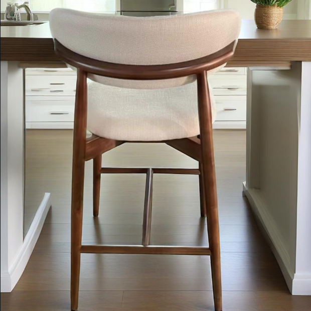 Contemporary Nordic Ash Wood & Fabric Curved Back Bar Stool For Kitchen Island & Dining Area