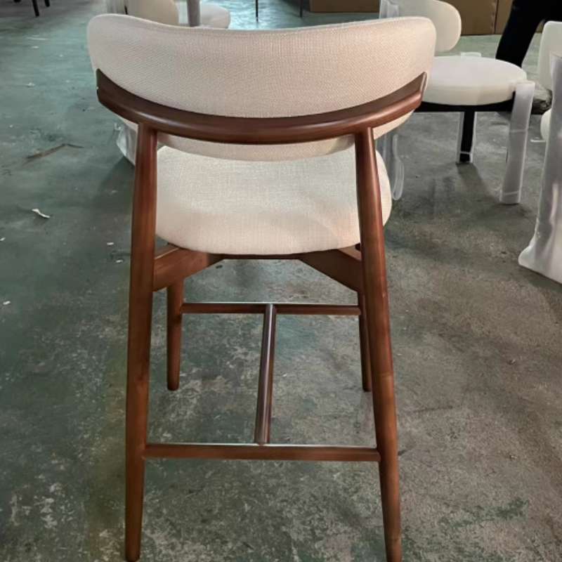 Contemporary Nordic Ash Wood & Fabric Curved Back Bar Stool For Kitchen Island & Dining Area