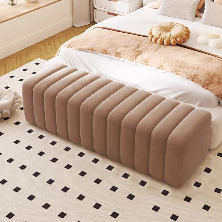 Banc rectangulaire contemporain en bois et velours nordique pour entrée, chambre, salon 