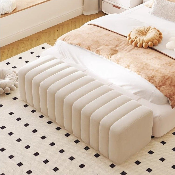 Banc rectangulaire contemporain en bois et velours nordique pour entrée, chambre, salon 