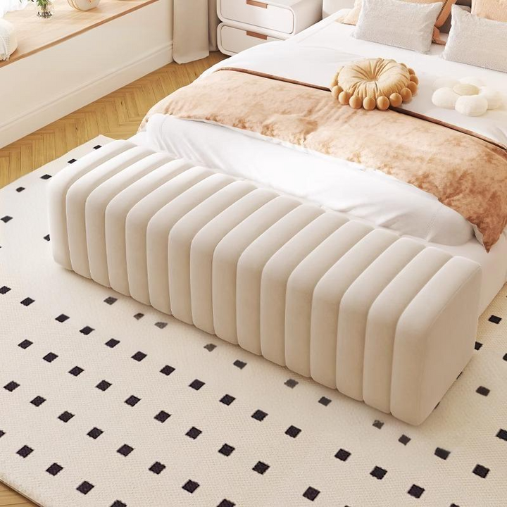 Banc rectangulaire contemporain en bois et velours nordique pour entrée, chambre, salon 