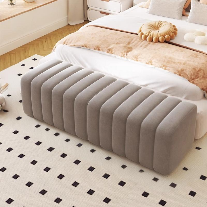 Banc rectangulaire contemporain en bois et velours nordique pour entrée, chambre, salon 