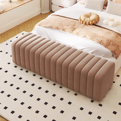 Zeitgenössische nordische Holz- und Samt-Rechteckbank für Eingangsbereich, Schlafzimmer, Wohnzimmer 