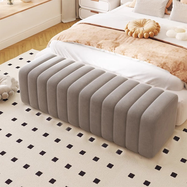 Banc rectangulaire contemporain en bois et velours nordique pour entrée, chambre, salon 