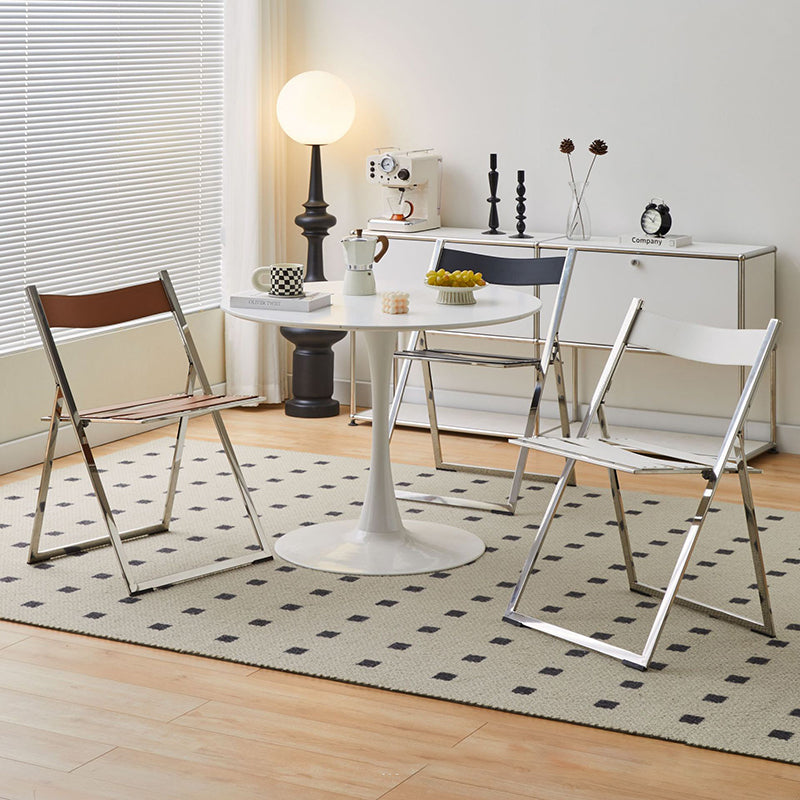 Modern Mid-Century Saddle Leather Stainless Steel Square Dining Chair Foldable Seat For Kitchen & Living Room