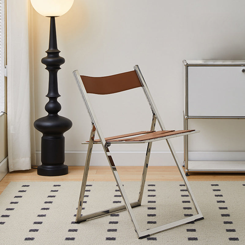 Modern Mid-Century Saddle Leather Stainless Steel Square Dining Chair Foldable Seat For Kitchen & Living Room