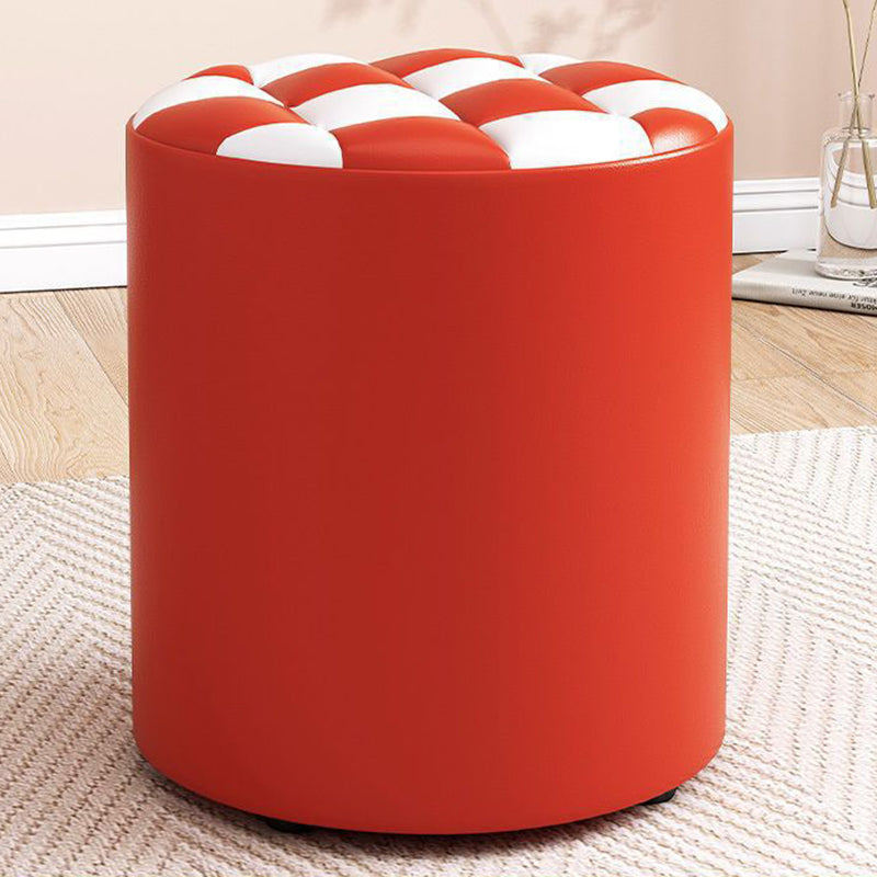 Modern Minimalist Plywood Faux Leather Checkerboard Cylinder Low Stool For Bedroom &amp; Living Room