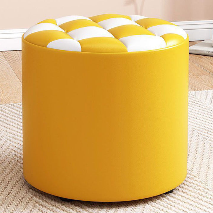Modern Minimalist Plywood Faux Leather Checkerboard Cylinder Low Stool For Bedroom &amp; Living Room