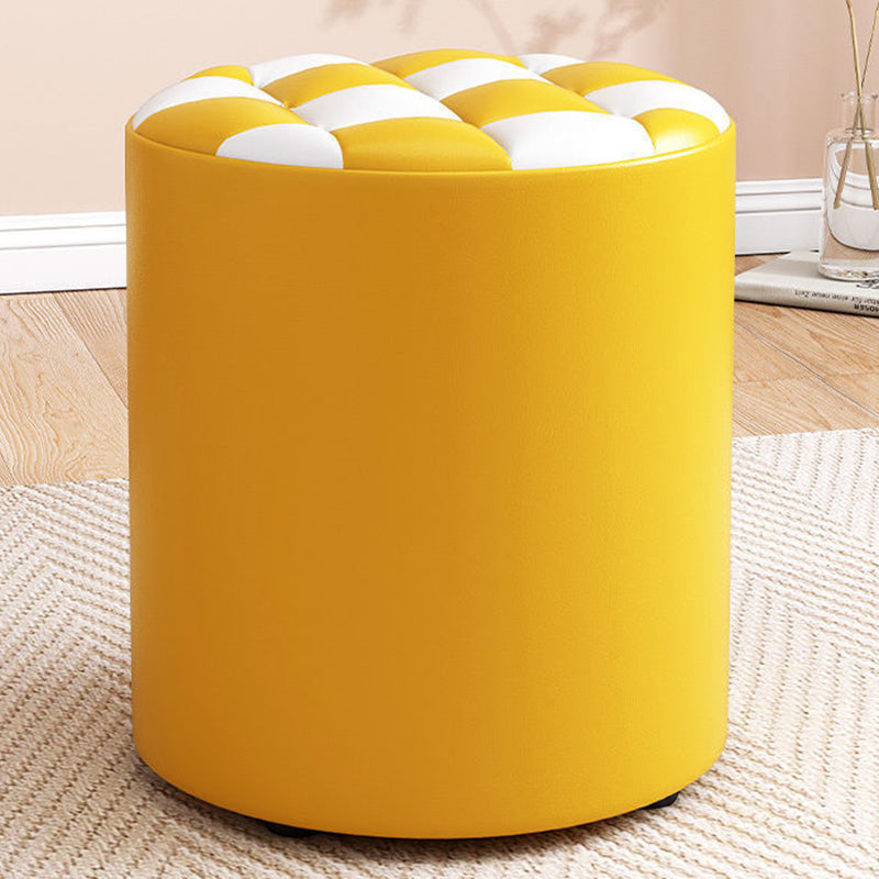 Modern Minimalist Plywood Faux Leather Checkerboard Cylinder Low Stool For Bedroom &amp; Living Room
