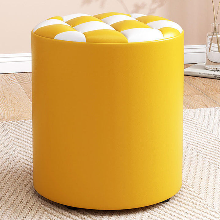 Modern Minimalist Plywood Faux Leather Checkerboard Cylinder Low Stool For Bedroom &amp; Living Room