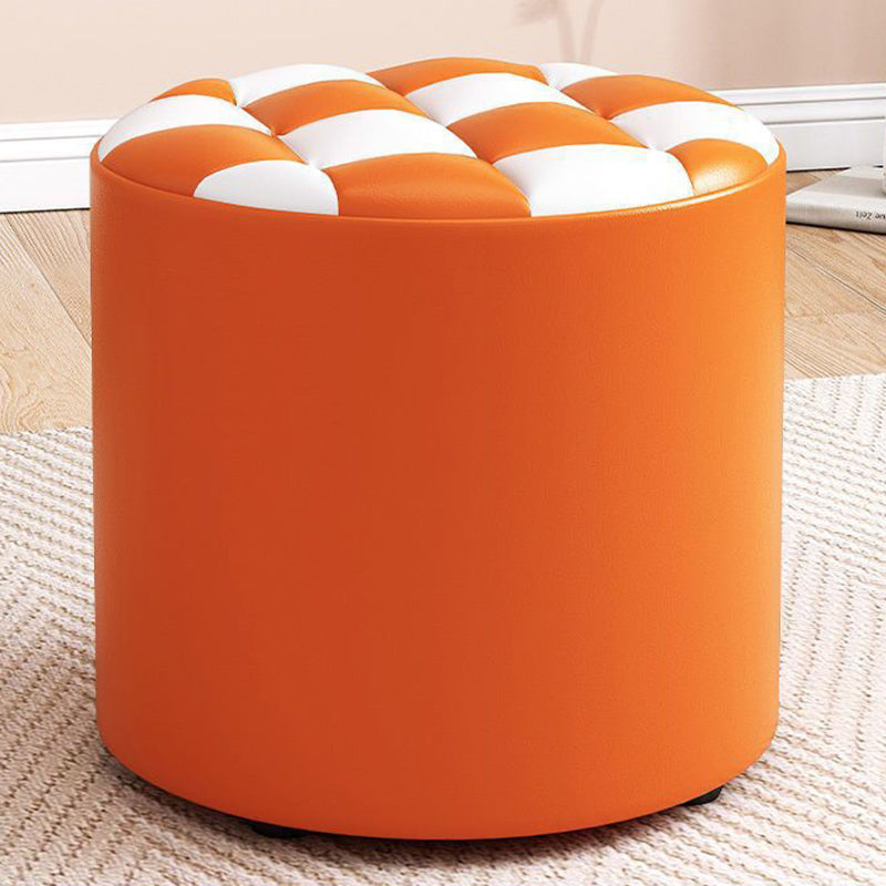 Modern Minimalist Plywood Faux Leather Checkerboard Cylinder Low Stool For Bedroom &amp; Living Room