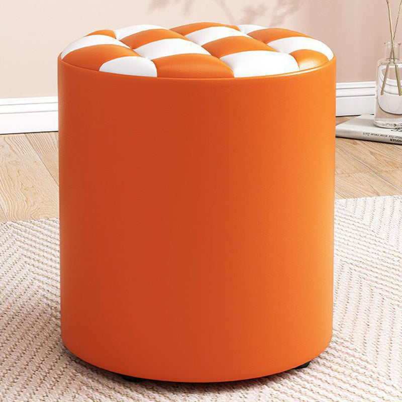 Modern Minimalist Plywood Faux Leather Checkerboard Cylinder Low Stool For Bedroom &amp; Living Room