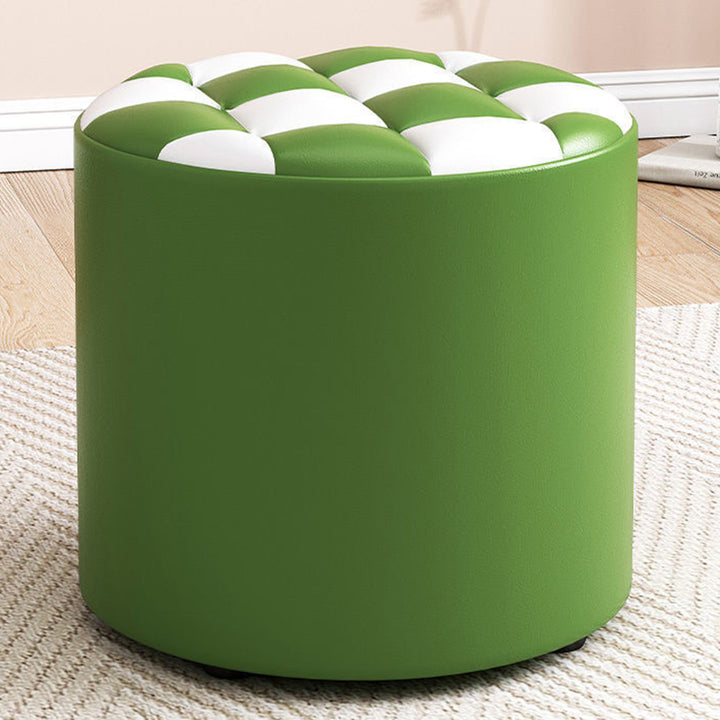 Modern Minimalist Plywood Faux Leather Checkerboard Cylinder Low Stool For Bedroom &amp; Living Room
