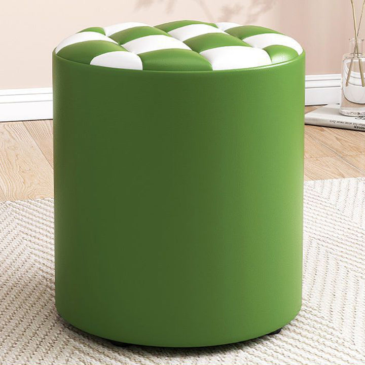 Modern Minimalist Plywood Faux Leather Checkerboard Cylinder Low Stool For Bedroom &amp; Living Room