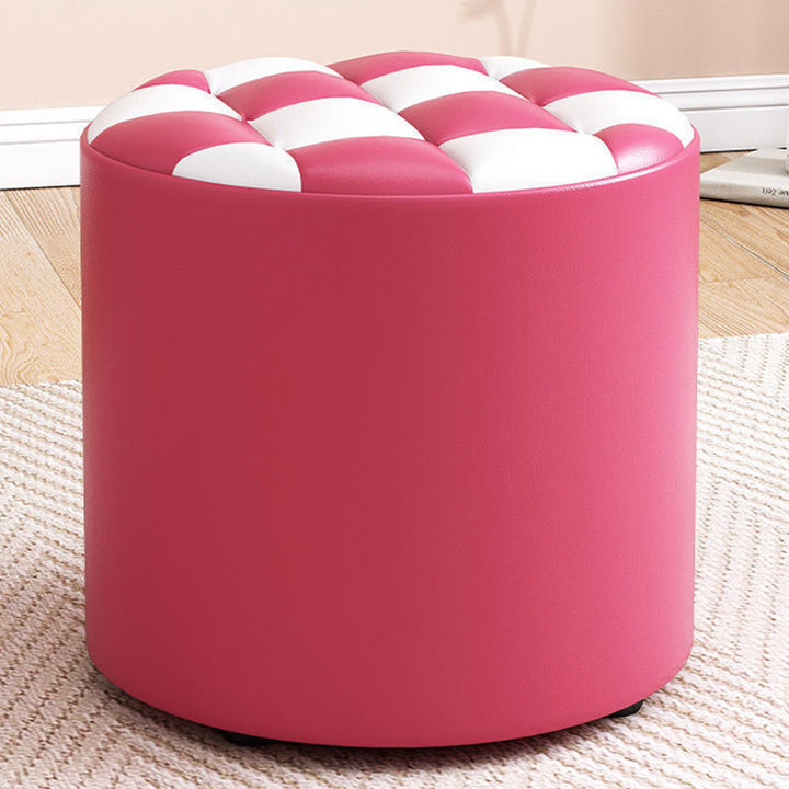 Modern Minimalist Plywood Faux Leather Checkerboard Cylinder Low Stool For Bedroom &amp; Living Room