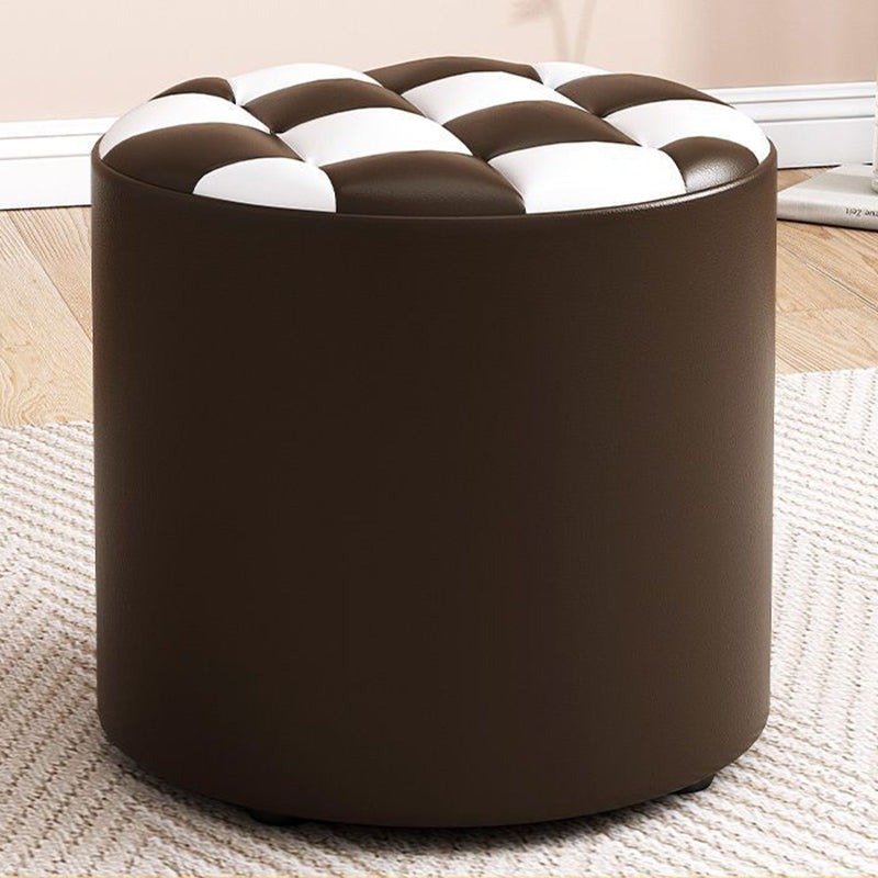Modern Minimalist Plywood Faux Leather Checkerboard Cylinder Low Stool For Bedroom &amp; Living Room