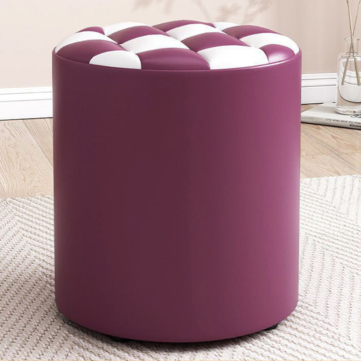 Modern Minimalist Plywood Faux Leather Checkerboard Cylinder Low Stool For Bedroom &amp; Living Room