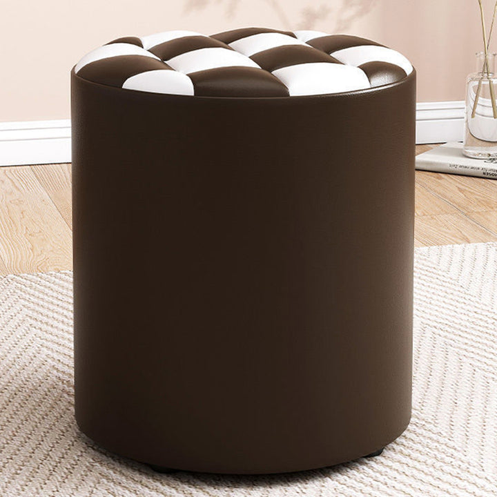 Modern Minimalist Plywood Faux Leather Checkerboard Cylinder Low Stool For Bedroom &amp; Living Room