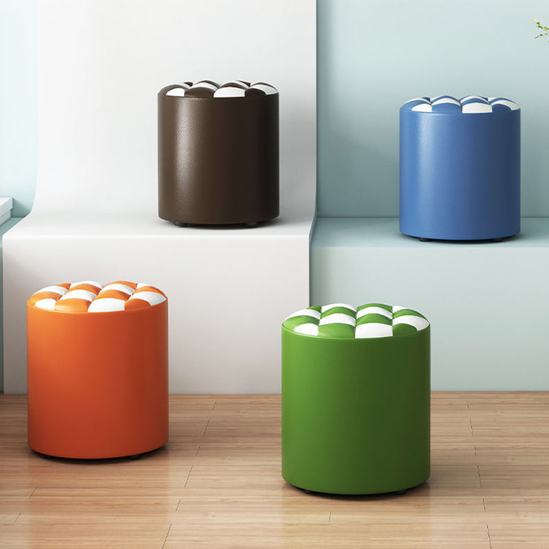 Modern Minimalist Plywood Faux Leather Checkerboard Cylinder Low Stool For Bedroom &amp; Living Room